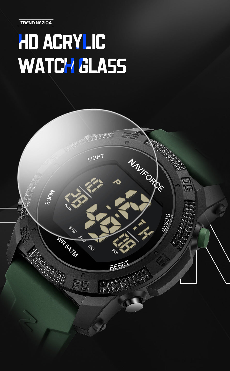 NAVIFORCE Men Sports Waterproof Digital Watches with Stopwatch Alarm Rubber Strap Wristwatch