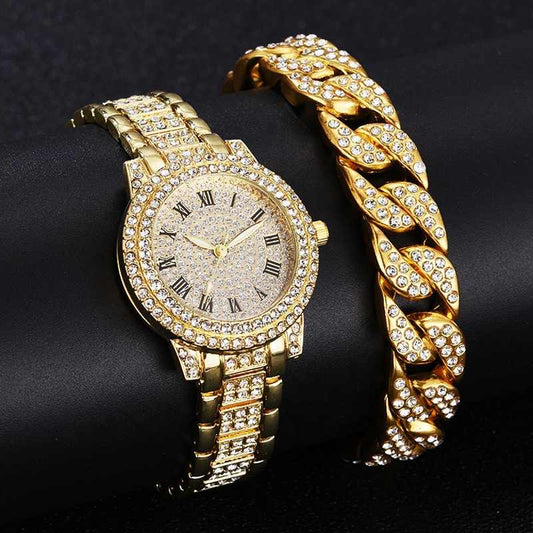 Fashion Full Crystal Diamond Roman Literal Steel Band Watches Bracelet Set for Men Women HipHop Diamond Wrist Watch Bracelet Set